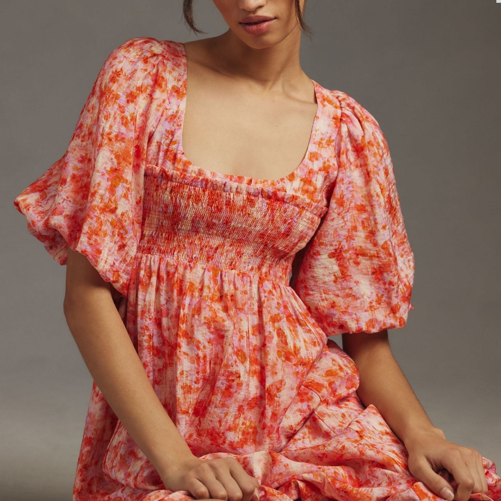 Anthropologie Floral Smocked Dress in Red and Pink